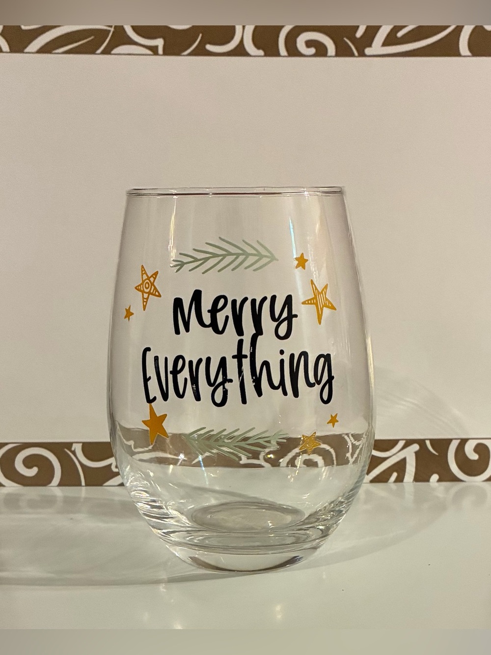 Merry Everything Holiday Stemless Glass - Clear with Gold and Green Accents